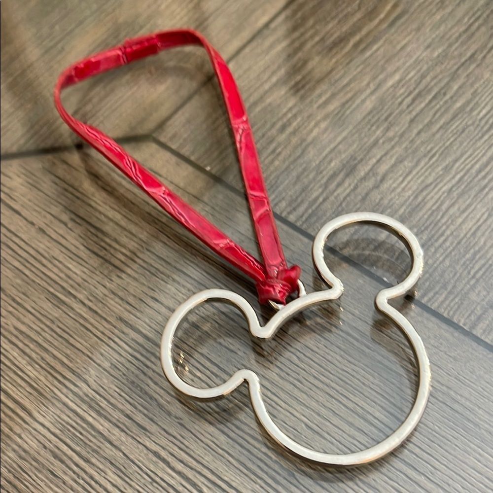 Disney Parks Hang Tag Silver-tone Mickey Mouse Silhouette Bag Charm Red Strap